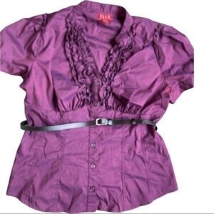 Elle size Large Purple button up, short sleeve blouse ruffles and belt low cut